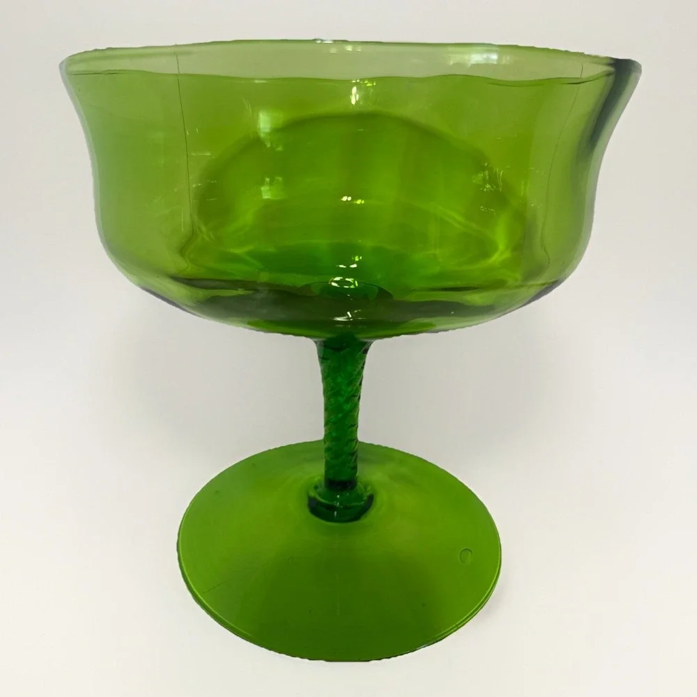 Vintage Green Glass Compote Twisted Stem Pedestal Bowl MCM 8in Tall